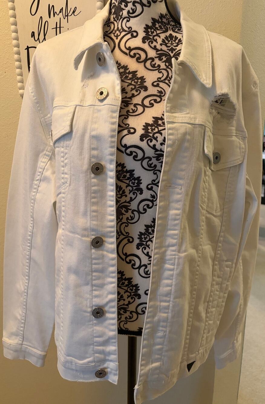 GUESS White Distressed Denim Jacket Women’s XL Button Front Trucker Y2K